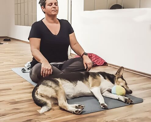 Hundeyoga, Slowndown, Genießen und entspannen mit deinem Hund, Frau mit einem entspannten Hund auf einer Yogamatte