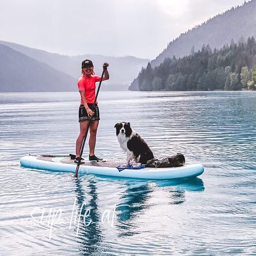 Stand Up Paddle SUP mit Hund, Ausfahrt, Genießen mit Hund, Urlaub mit Hund